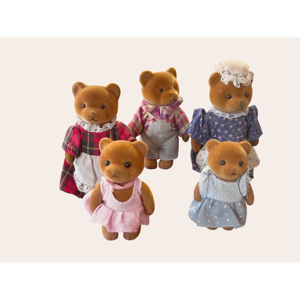 Vintage Applause Flocked Bear Family Set 5 Figures 1980s Retro Toys Brown Red